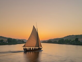 Sunset sailing journey on a tranquil river, silhouette of a boat gliding peacefully, serene water reflecting golden hues, scenic evening landscape with hills, trees, and calming nature's beauty