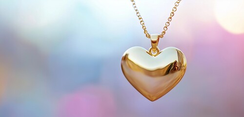 Floating gold heart pendant, blurred pastel background, minimalist concept.