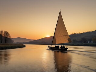Sunset sailing journey on a tranquil river, silhouette of a boat gliding peacefully, serene water reflecting golden hues, scenic evening landscape with hills, trees, and calming nature's beauty