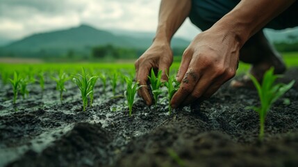 Fototapeta premium Close Up of Farmer's Hands Carefully Planting Rice in Soil