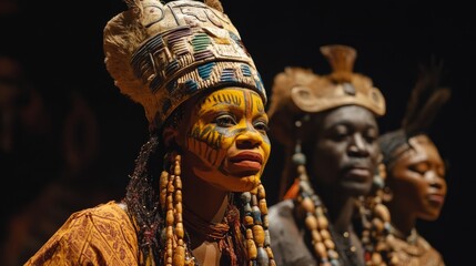 A cultural tableau depicting various emotional expressions in traditional ceremonies,