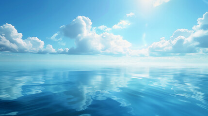 Obraz premium Serene Ocean Horizon with Blue Sky and Fluffy Clouds - Tranquil Seascape Photography for Relaxation and Meditation