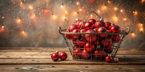 A wire basket overflowing with sparkling red ornaments sits on a rustic wooden surface, illuminated by a warm, festive string of lights.