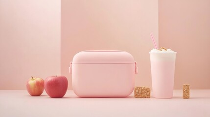 Stylish pink lunchbox with two apples, a smoothie, and granola bars on a pastel background for healthy meals.