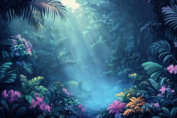 Naklejka premium Lush Tropical Forest Path Sunlight Dappled Greens