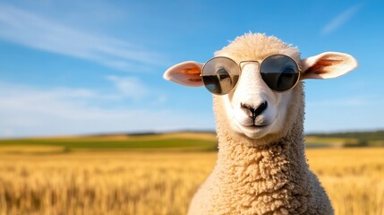 Obraz premium A Stylish Sheep Poses in Sunglasses Against a Beautiful Summer Landscape with Golden Fields and a Blue Sky, Perfect for Fun and Whimsical Stock Photos