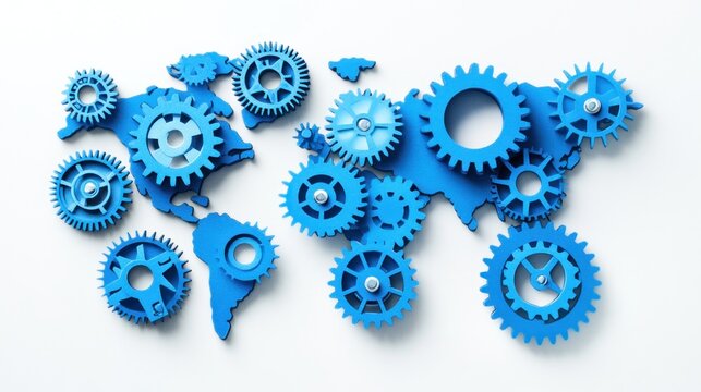 Blue gears shaped like a world map on white.
