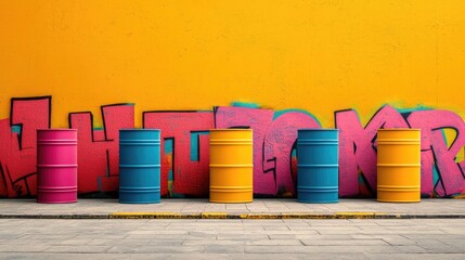 Graffiti abstract background idea. Vibrant painted barrels against a colorful graffiti wall, showcasing urban creativity.