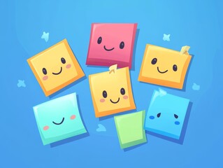 Colorful Cute Sticky Notes with Smiling Faces on Blue Background