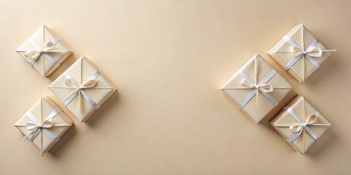 Elegant beige gift boxes with silver ribbons, arranged symmetrically on a neutral background, offering a sophisticated presentation for celebratory occasions.