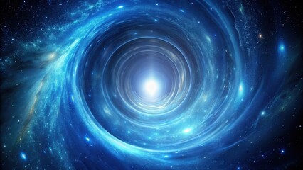 Obraz premium A swirling cosmic tunnel of vibrant blue nebulae and distant stars leading to a radiant light source
