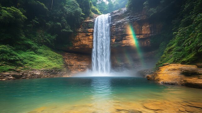 Majestic waterfall cascading into a tranquil pool with a rainbow.
