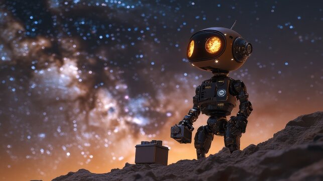 Charming Robot on Alien Landscape Under a Starry Sky at Night