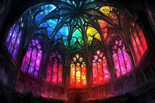 A breathtaking digital painting of a gothic cathedral interior with vibrant rainbow stained-glass windows.