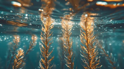 Underwater close-up of aquatic plants, illuminated by sunlight, showing delicate details and textures of submerged vegetation with air bubbles.