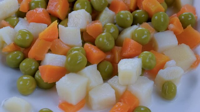 Mix of peas, diced potatoes, and carrots, canned garniture, ideal for quick and convenient meal preparation. Vegetarian and Vegan Lifestyle, Food Storage and Preservation, Ready-to-Eat Ingredients. 4k