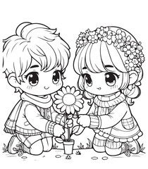 Coloring book cute kid bring the flower