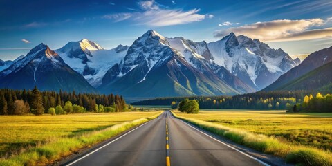 Asphalt road leading towards majestic snow-capped mountains under a vibrant sunset sky