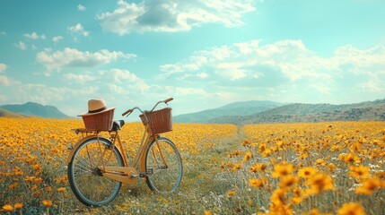 Obraz premium Bicycle in a field of yellow flowers under blue sky.
