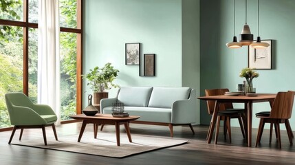 [Modern Living Room Interior Design Ideas] Minimalist Modern Living Room with Teal Walls & Natural Light.