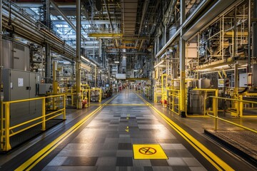 Obraz premium Industrial factory interior with machinery and pathways.