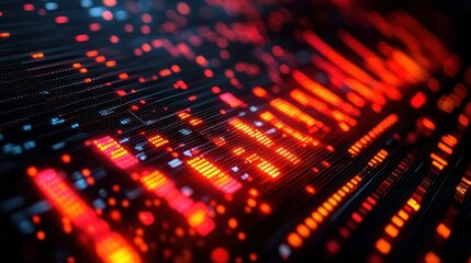 Abstract digital data stream, glowing red and blue lines on dark background.