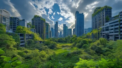 Fototapeta premium A vibrant blend of nature and urban structures, showcasing greenery enveloping skyscrapers under a dramatic sky.