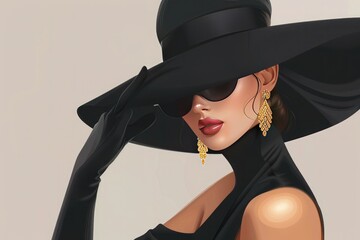  Elegant lady in black gloves and hat, gold earrings, standing in high heels, sleek and modern desig