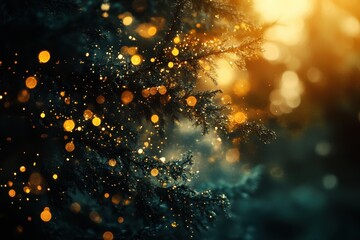 Enchanted evergreen branches adorned with warm, golden bokeh lights. Perfect for winter, holiday, or magical themed designs; evokes wonder and warmth.