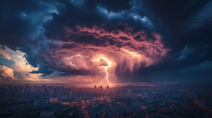 A dramatic lightning storm illuminates the sky above a city, showcasing dark clouds and vibrant colors, creating an awe-inspiring natural spectacle.