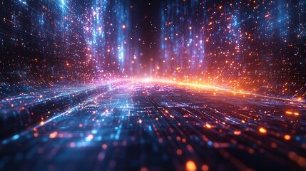 Fototapeta premium Abstract digital data flow, glowing particles, futuristic technology background.