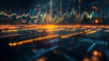 Abstract digital landscape with glowing data streams and stock market charts.