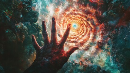 Obraz premium Explore the mesmerizing cosmic journey with a hand reaching toward a vibrant vortex of swirling interstellar colors and stars.