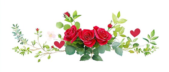Vibrant red roses surrounded by greenery and hearts on a white isolated background, perfect for romantic themes.
