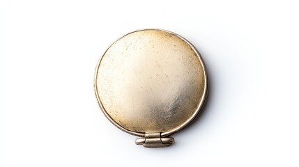 Vintage gold compact mirror, elegant design, perfect for beauty and fashion contexts, on a white isolated background.