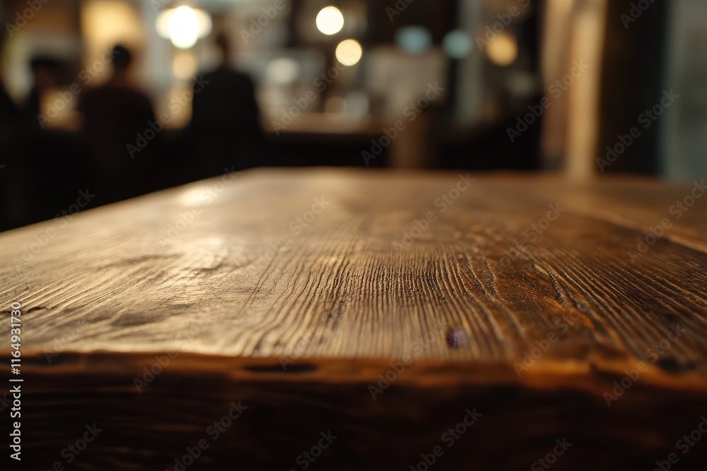 Poster rustic wooden table in a blurred cafe background.