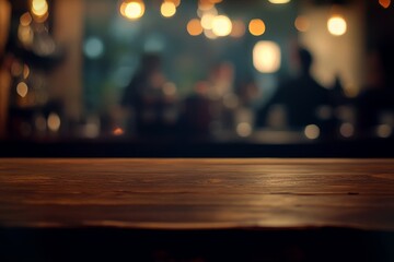 Empty wooden bar top with blurred background of people socializing in a dimly lit pub.