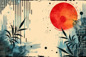 Abstract design featuring a large red circle with bamboo elements and a textured background.