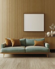 Stylish living room showcasing a modern couch with patterned fabric, textured wooden walls, and minimal decor for a chic home ambiance.