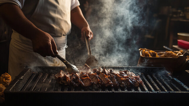 Grilling meat in a bustling kitchen filled with smoke and delicious aromas
