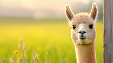 Fototapeta premium shy alpaca with cream colored fur peeks from behind post, surrounded by lush green field. warm sunlight creates serene atmosphere, highlighting its gentle expression