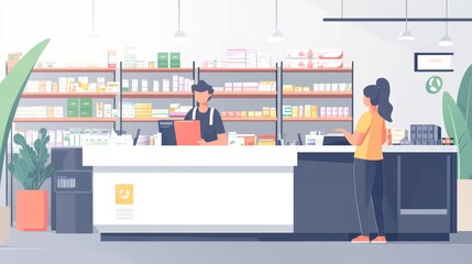 A patient consultation in a pharmacy, with shelves of medicine in the background 