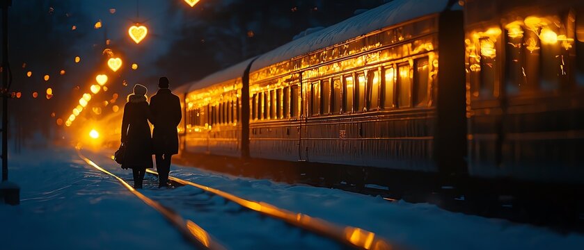 Couple walking hand-in-hand along snowy train tracks under glowing lights at night.