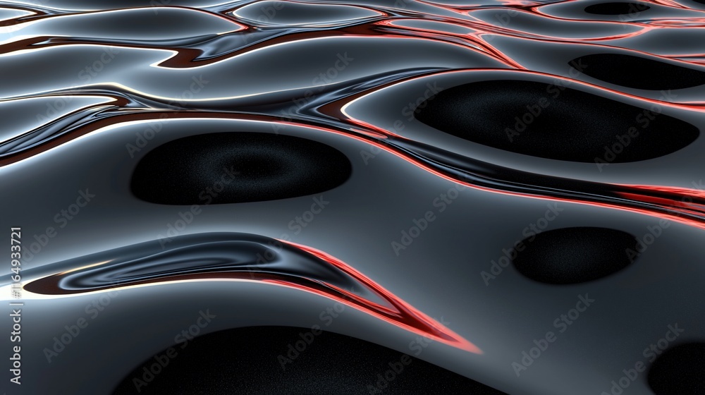 Poster abstract metallic liquid surface with red highlights and dark circles.