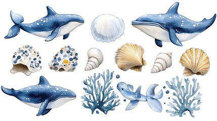 Watercolor Whales  Shells  Coral  Ocean Life  Marine Set