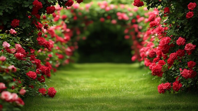 A vibrant rose garden pathway lined with blooming red roses, inviting serenity and beauty in nature.