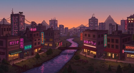 Naklejka premium Pixel art cityscape at dusk with neon lights and river