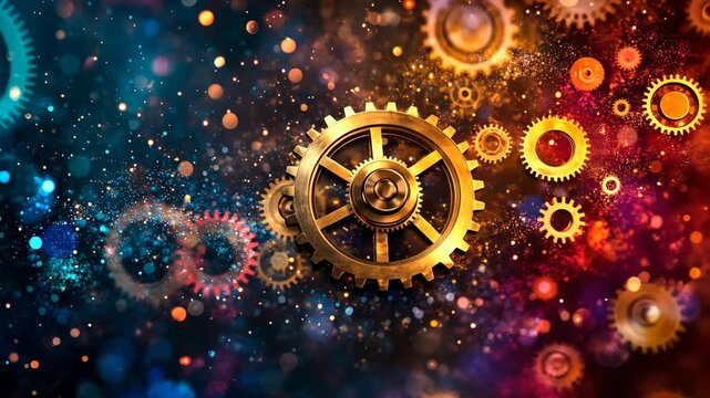 Colorful steampunk gears create a mesmerizing abstract design with swirling patterns and vivid colors