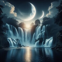 Moonlit Waterfall Two crescent moons one white and one silver re