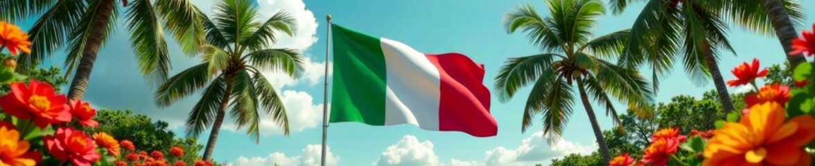 Obraz premium Ivory Coast independence day celebration with a waving Belgian flag amidst palm trees and vibrant flowers, celebration, green